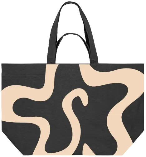 Le grand shopping bag en toile marron, deux paires d'anses, vu de face. Le logo Skalen, la fleur au S, y est sérigraphié en beige sur toute la face, si grand qu'il déborde des bords du sac.